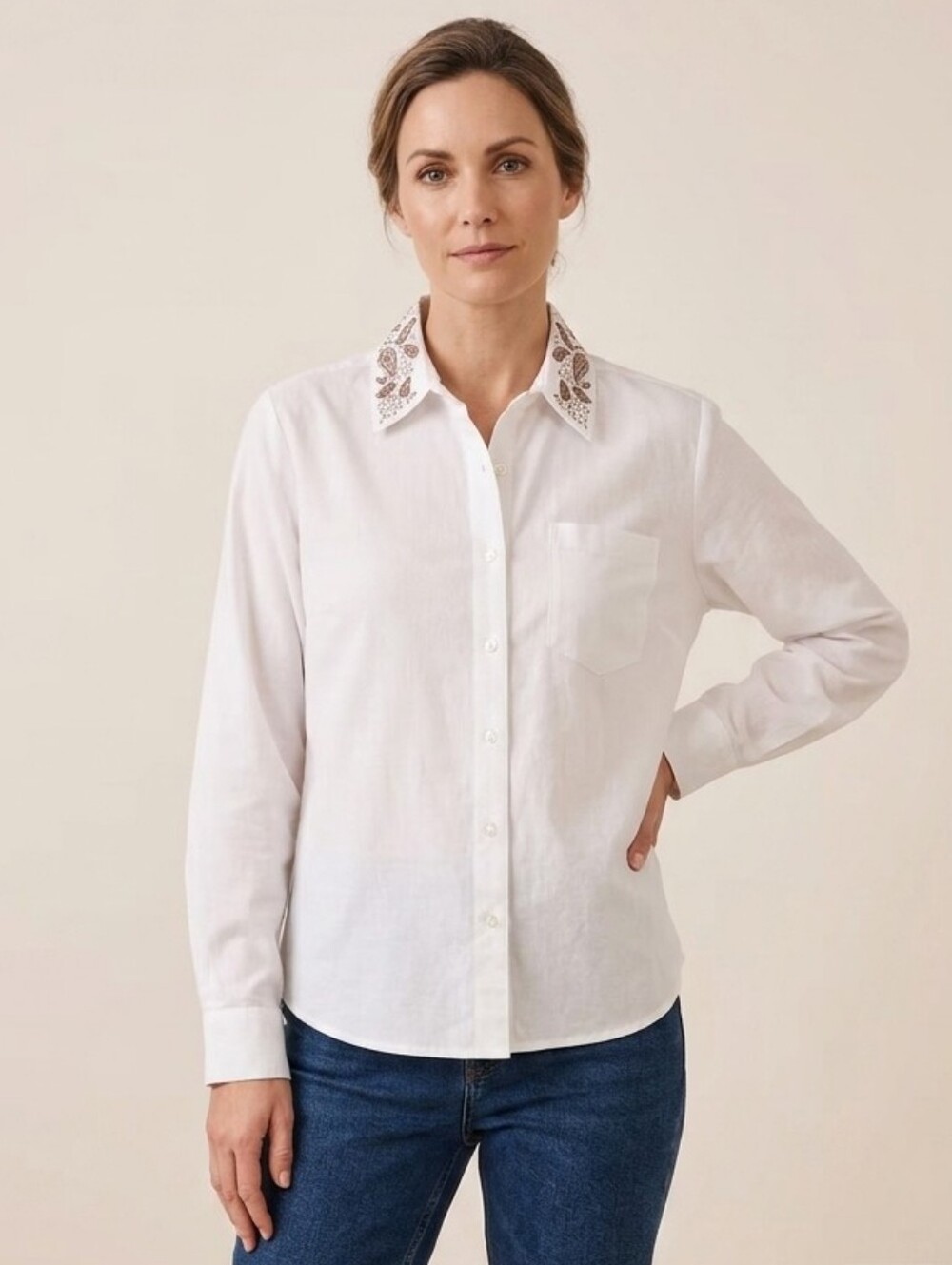 Alia Women's Paisley Grapevine Embroidery Pattern White Cotton Blend Shirt